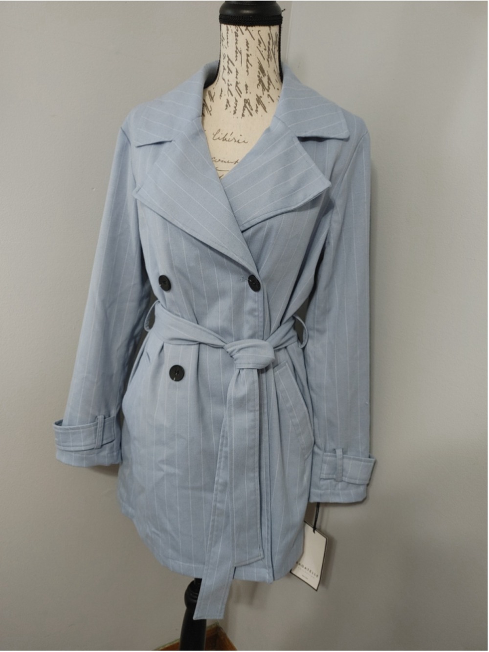 Women's Bagatelle Trench Coat Size M Blue White Striped Belted Jacket